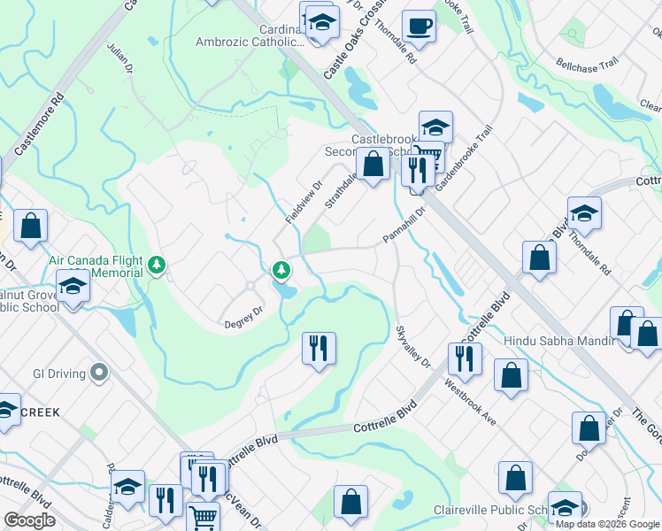 map of restaurants, bars, coffee shops, grocery stores, and more near 9 Oakhaven Road in Brampton
