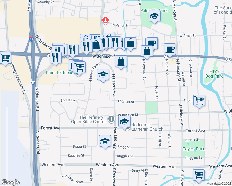 map of restaurants, bars, coffee shops, grocery stores, and more near 75 North Peters Avenue in Fond du Lac