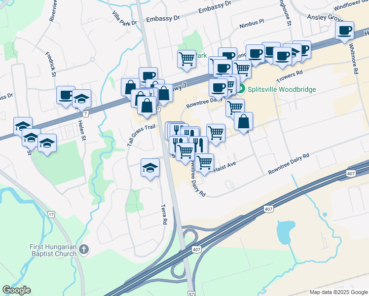 map of restaurants, bars, coffee shops, grocery stores, and more near 870 Strada Drive in Vaughan