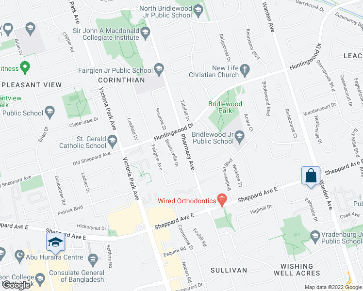 map of restaurants, bars, coffee shops, grocery stores, and more near 2052 Pharmacy Avenue in Toronto