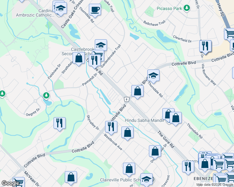 map of restaurants, bars, coffee shops, grocery stores, and more near 9430 The Gore Road in Brampton