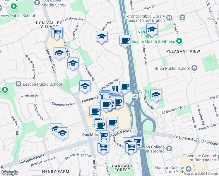 map of restaurants, bars, coffee shops, grocery stores, and more near 21 Allenbury Gardens in Toronto