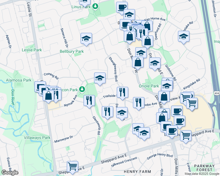 map of restaurants, bars, coffee shops, grocery stores, and more near 22 Lescon Road in Toronto