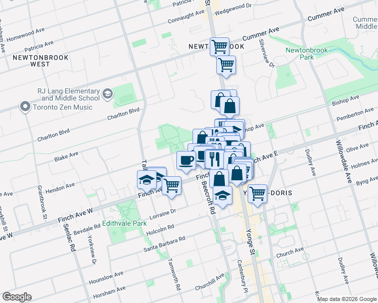 map of restaurants, bars, coffee shops, grocery stores, and more near 47 Hendon Avenue in Toronto