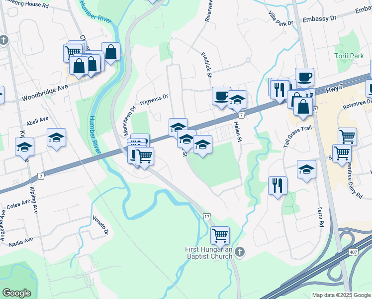 map of restaurants, bars, coffee shops, grocery stores, and more near 43 Bruce Street in Vaughan
