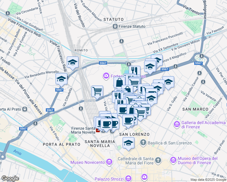map of restaurants, bars, coffee shops, grocery stores, and more near Viale Filippo Strozzi in Florence