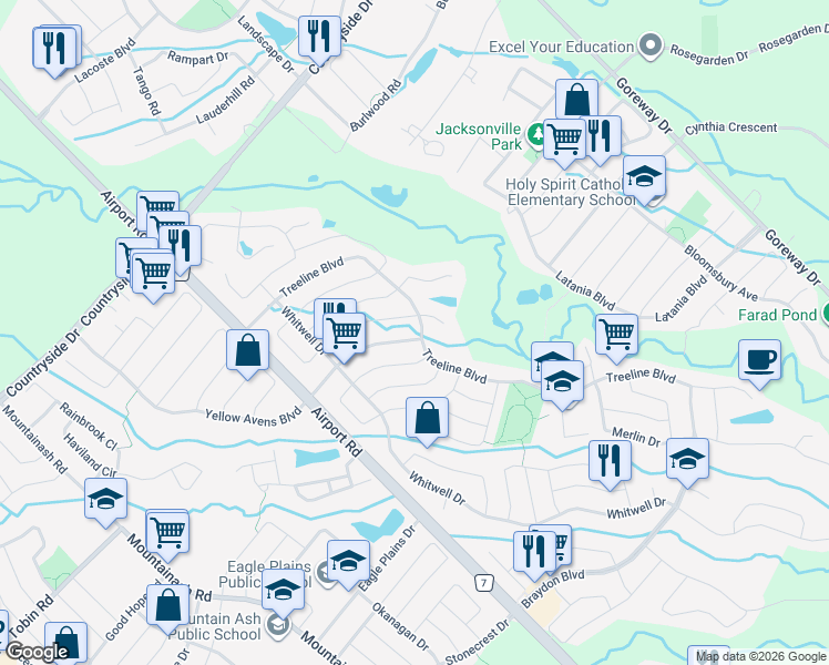 map of restaurants, bars, coffee shops, grocery stores, and more near 52 Brock Drive in Brampton