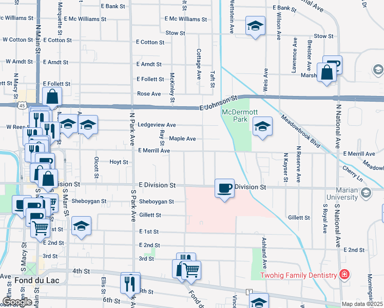 map of restaurants, bars, coffee shops, grocery stores, and more near 338 East Merrill Avenue in Fond du Lac