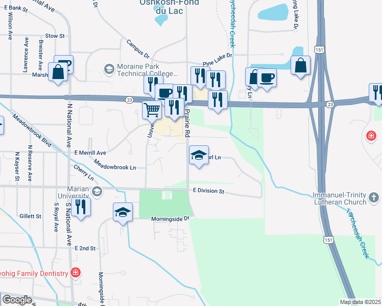 map of restaurants, bars, coffee shops, grocery stores, and more near 87 Prairie Road in Fond du Lac
