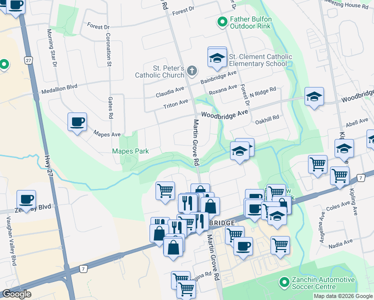 map of restaurants, bars, coffee shops, grocery stores, and more near in Vaughan