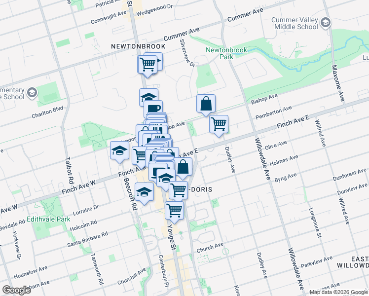 map of restaurants, bars, coffee shops, grocery stores, and more near 29 Pemberton Avenue in Toronto