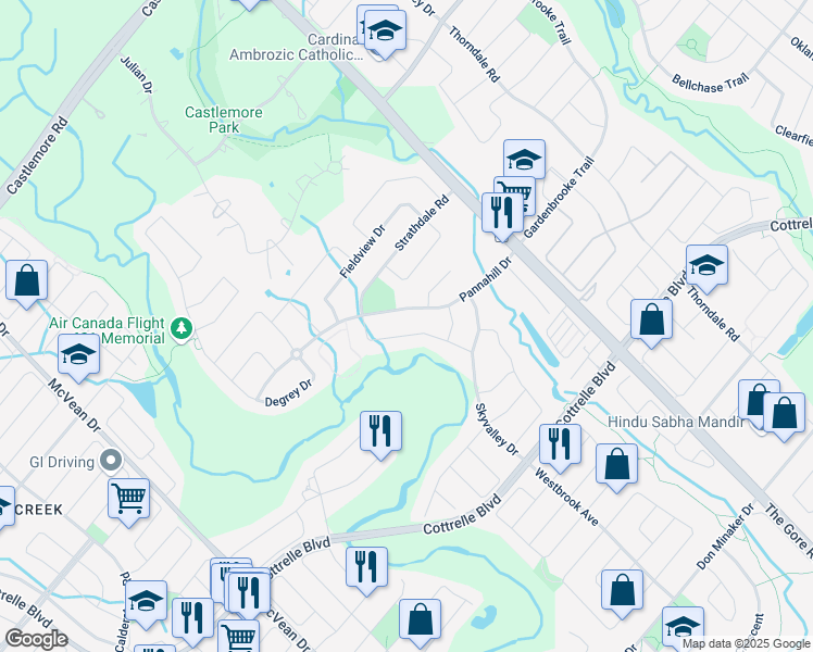 map of restaurants, bars, coffee shops, grocery stores, and more near 42 Oakhaven Road in Brampton