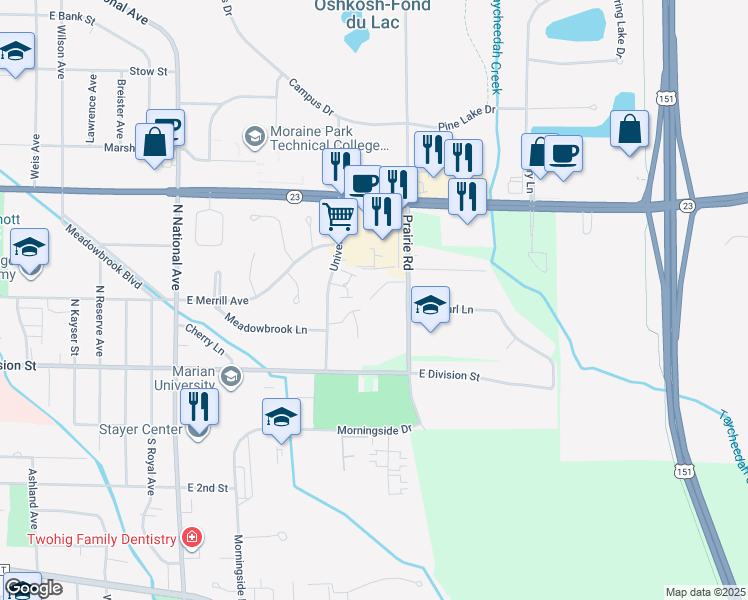 map of restaurants, bars, coffee shops, grocery stores, and more near 80 Prairie Road in Fond du Lac