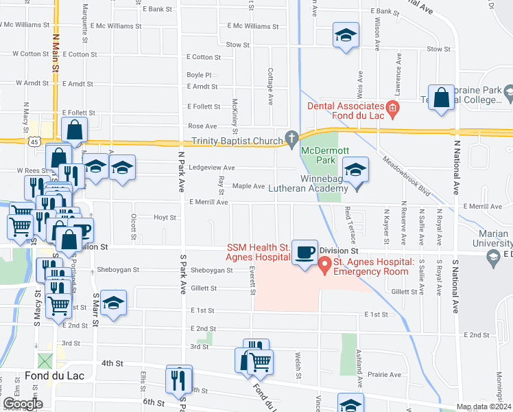map of restaurants, bars, coffee shops, grocery stores, and more near 338 East Merrill Avenue in Fond du Lac