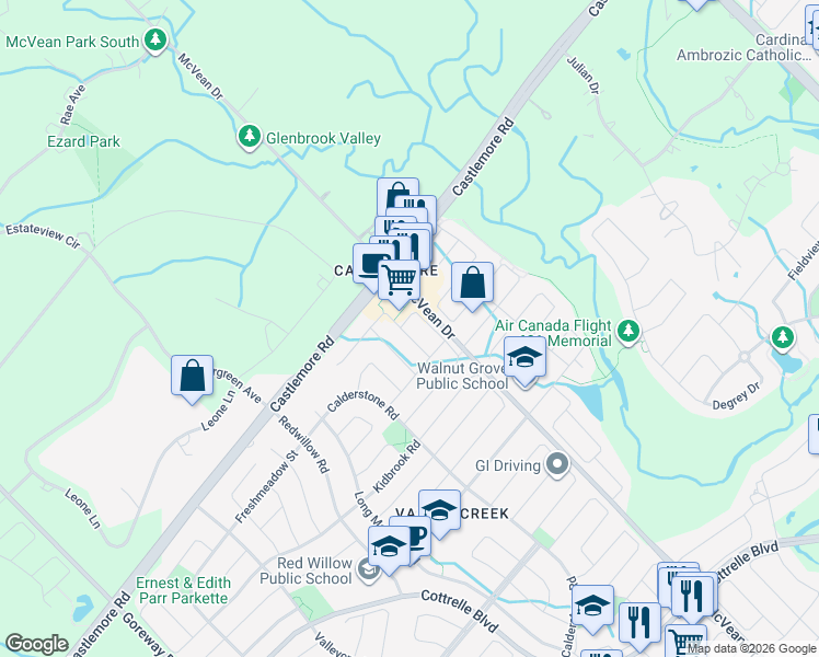 map of restaurants, bars, coffee shops, grocery stores, and more near 9 Castlegate Boulevard in Brampton