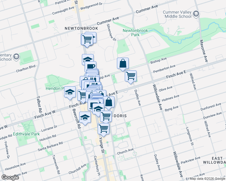 map of restaurants, bars, coffee shops, grocery stores, and more near 29 Pemberton Avenue in Toronto
