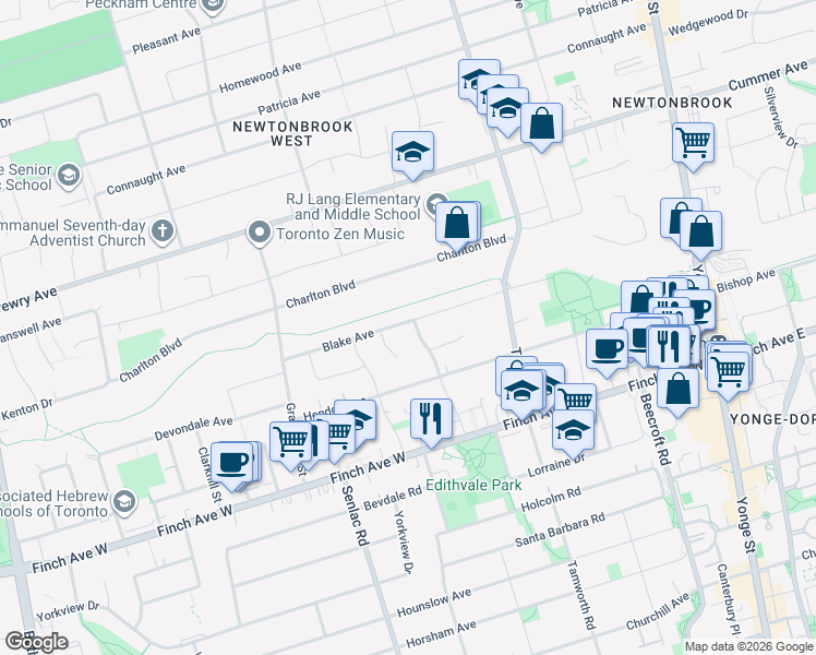 map of restaurants, bars, coffee shops, grocery stores, and more near in Toronto