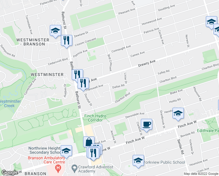 map of restaurants, bars, coffee shops, grocery stores, and more near 50 Kenton Drive in Toronto