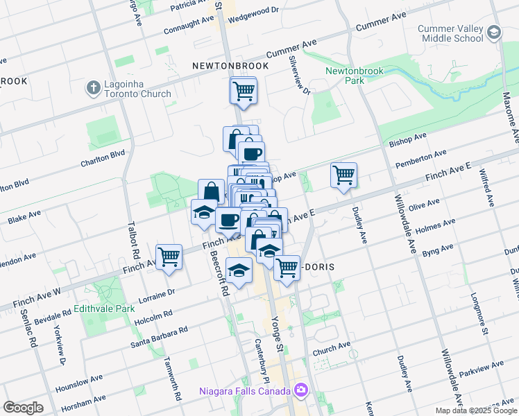 map of restaurants, bars, coffee shops, grocery stores, and more near 5635 Yonge Street in Toronto
