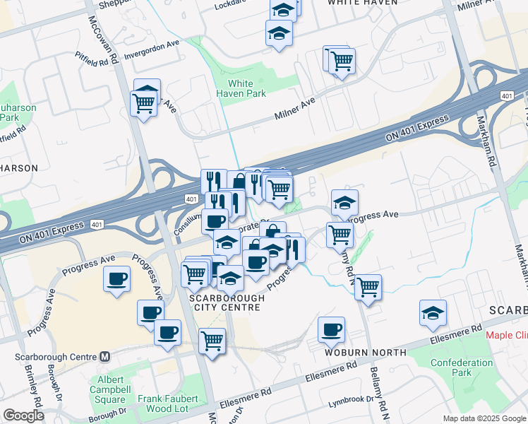 map of restaurants, bars, coffee shops, grocery stores, and more near 18 Lee Centre Drive in Toronto