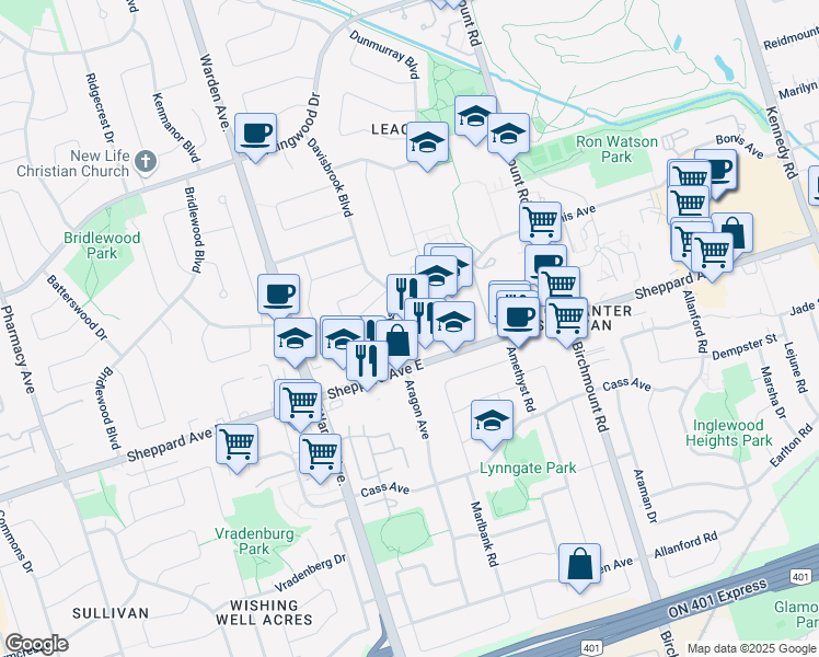 map of restaurants, bars, coffee shops, grocery stores, and more near 3530 Sheppard Avenue East in Toronto
