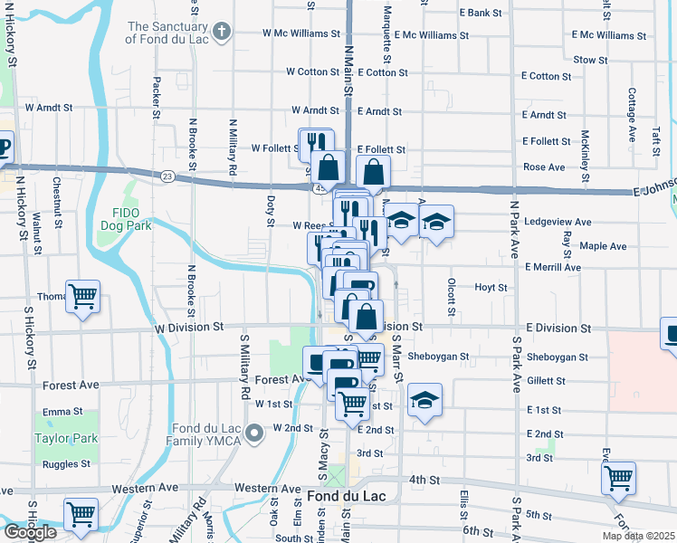 map of restaurants, bars, coffee shops, grocery stores, and more near 56 North Main Street in Fond du Lac