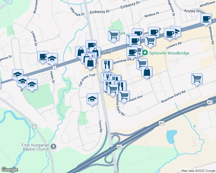 map of restaurants, bars, coffee shops, grocery stores, and more near 870 Strada Drive in Vaughan