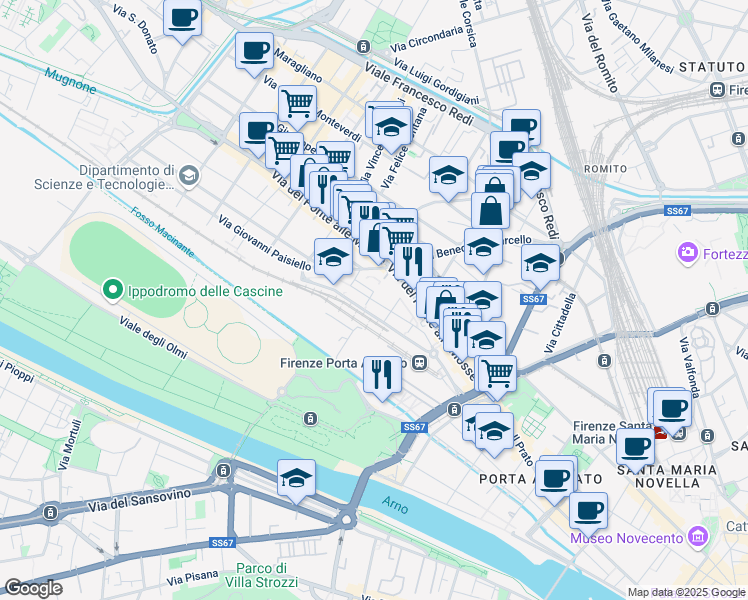 map of restaurants, bars, coffee shops, grocery stores, and more near 7 Via Giovanni Paisiello in Firenze