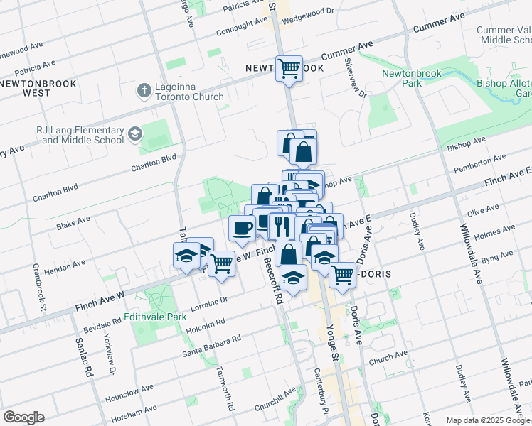 map of restaurants, bars, coffee shops, grocery stores, and more near in Toronto