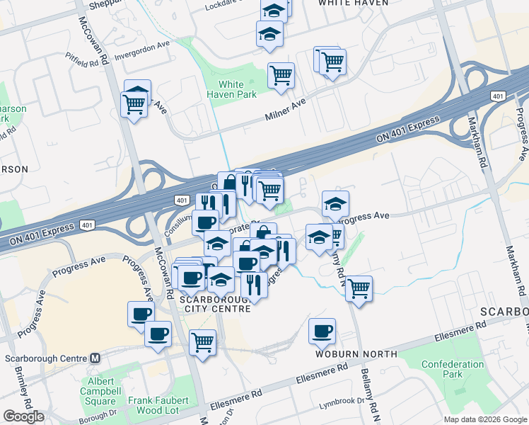 map of restaurants, bars, coffee shops, grocery stores, and more near 8 Lee Centre Drive in Toronto