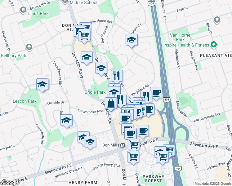 map of restaurants, bars, coffee shops, grocery stores, and more near 20 Godstone Road in Toronto