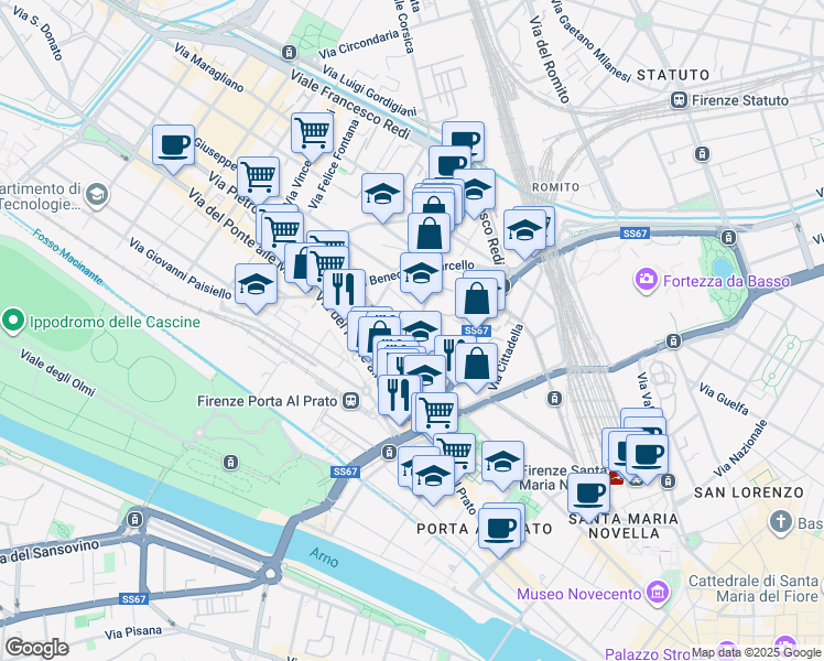 map of restaurants, bars, coffee shops, grocery stores, and more near 12-18 Via Pierluigi da Palestrina in Florence