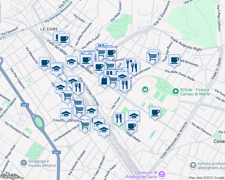 map of restaurants, bars, coffee shops, grocery stores, and more near 11 Viale dei Mille in Florence