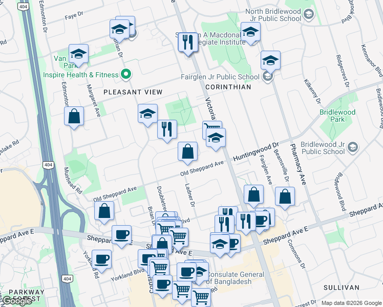 map of restaurants, bars, coffee shops, grocery stores, and more near 54 Painswick Crescent in Toronto