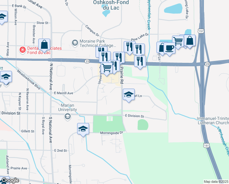 map of restaurants, bars, coffee shops, grocery stores, and more near 80 Prairie Road in Fond du Lac