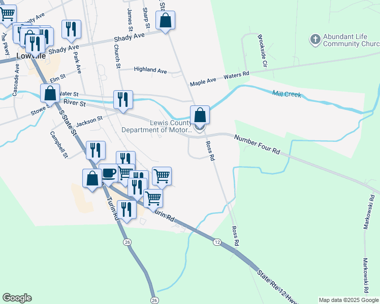 map of restaurants, bars, coffee shops, grocery stores, and more near 5401 Hemlock Drive in Lowville