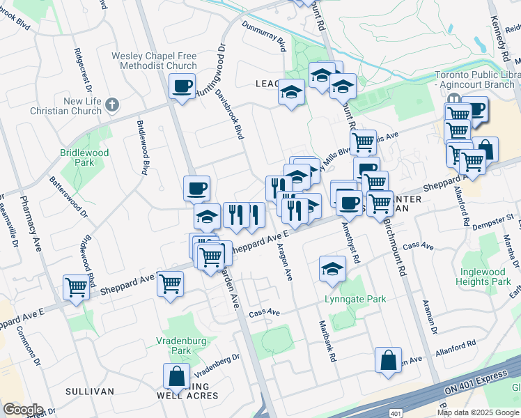 map of restaurants, bars, coffee shops, grocery stores, and more near in Toronto