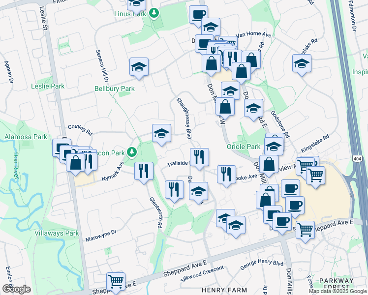 map of restaurants, bars, coffee shops, grocery stores, and more near 22 Lescon Road in Toronto