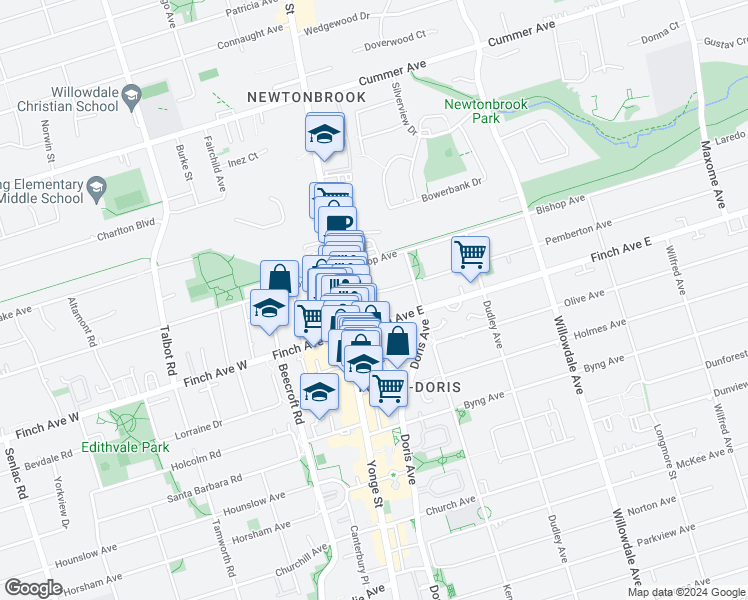 map of restaurants, bars, coffee shops, grocery stores, and more near in Toronto