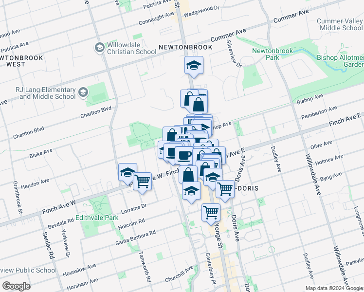 map of restaurants, bars, coffee shops, grocery stores, and more near in Toronto