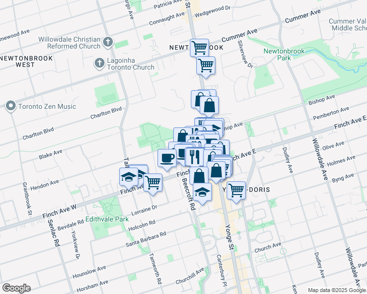 map of restaurants, bars, coffee shops, grocery stores, and more near 48 Greenview Avenue in Toronto