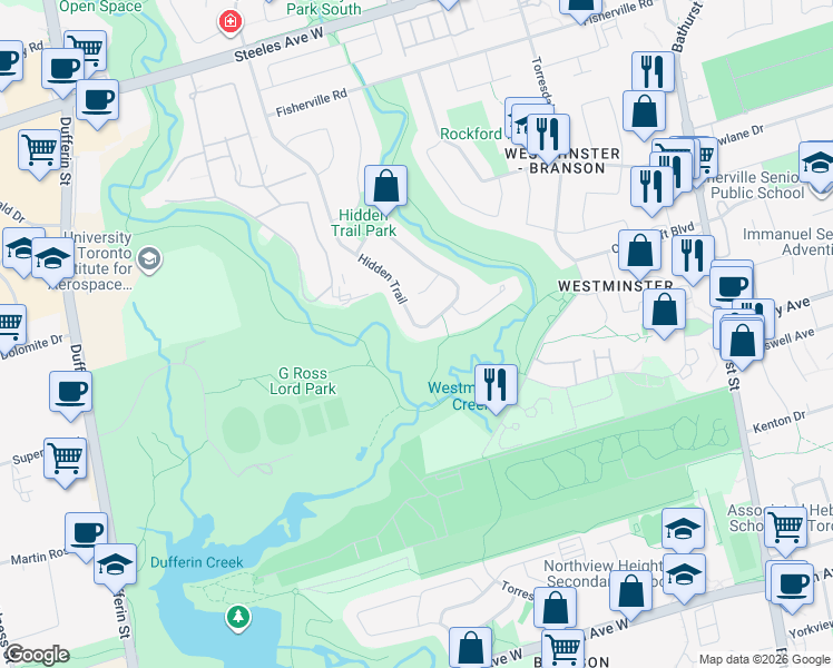 map of restaurants, bars, coffee shops, grocery stores, and more near 310 Hidden Trail in Toronto