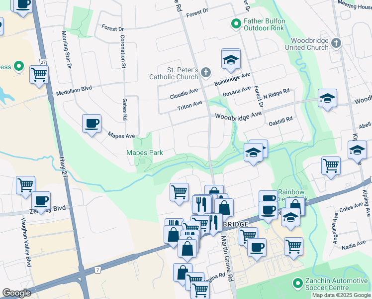 map of restaurants, bars, coffee shops, grocery stores, and more near 45 Harris Crescent in Vaughan