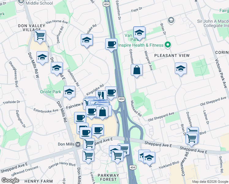 map of restaurants, bars, coffee shops, grocery stores, and more near 188 Fairview Mall Drive in Toronto
