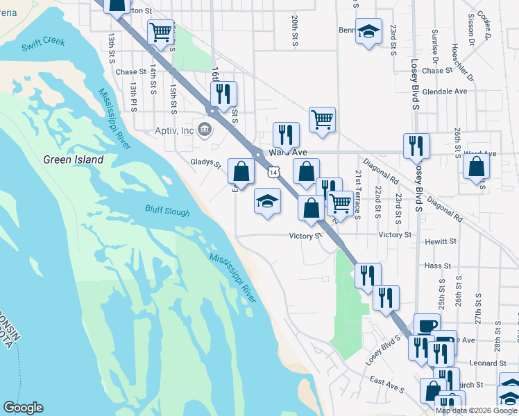 map of restaurants, bars, coffee shops, grocery stores, and more near 3005 East Ave South in La Crosse