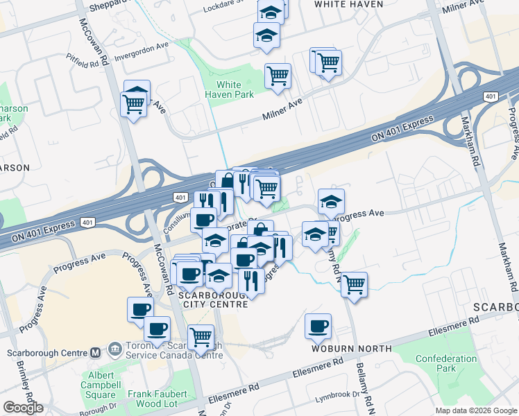map of restaurants, bars, coffee shops, grocery stores, and more near 8 Lee Centre Drive in Toronto