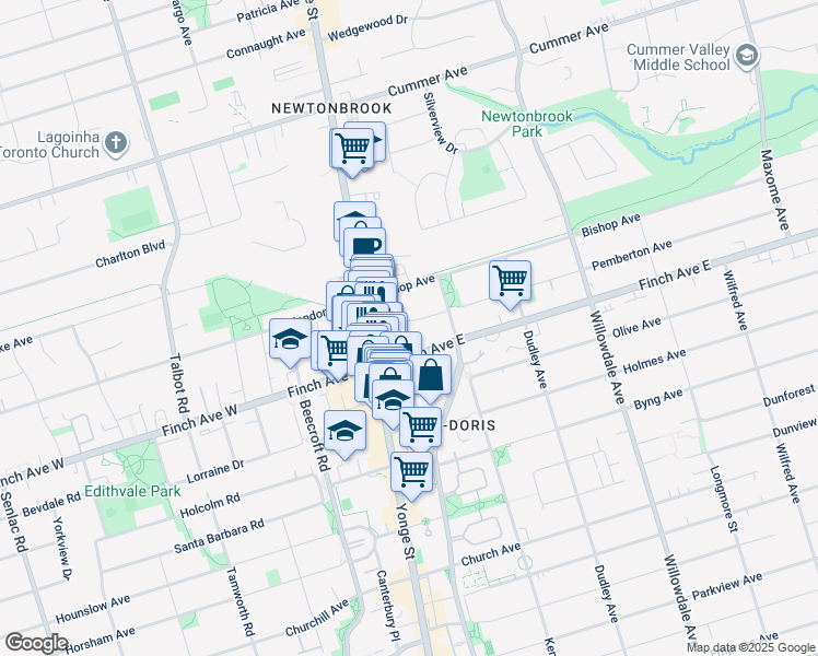 map of restaurants, bars, coffee shops, grocery stores, and more near 1 Pemberton Avenue in Toronto