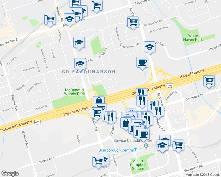map of restaurants, bars, coffee shops, grocery stores, and more near 37 Snowhill Crescent in Toronto