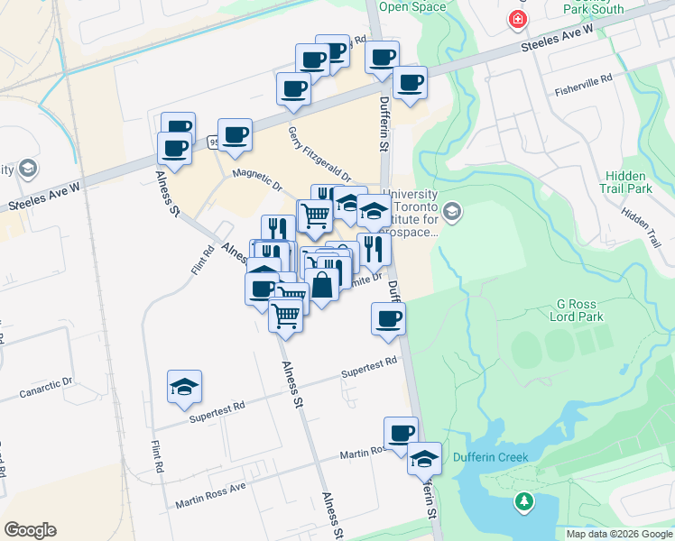 map of restaurants, bars, coffee shops, grocery stores, and more near 100 Dolomite Drive in Toronto