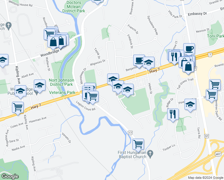 map of restaurants, bars, coffee shops, grocery stores, and more near 43 Bruce Street in Vaughan
